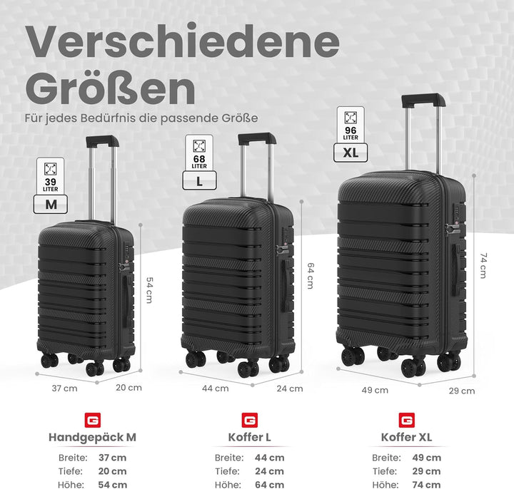 GENTOR Koffer Reisekoffer mit Rollen Carbonoptik Hartschalenkoffer Trolley Handgepäck mit TSA-Schlos