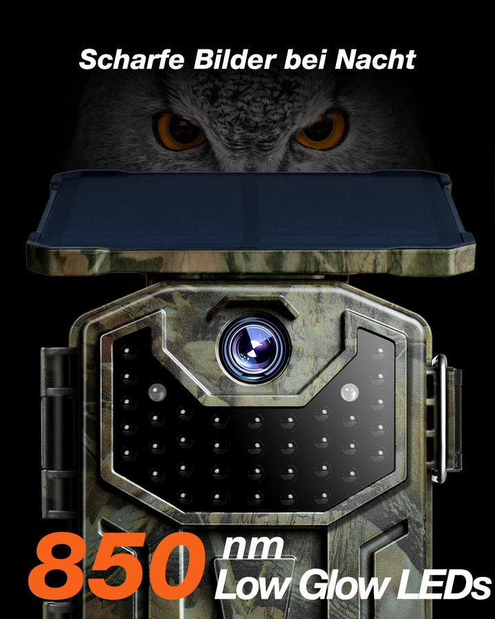 iZEEKER Solar Wildkamera, 2,7K/1520P 30fps 36MP Wildtierkamera mit 940 nm No Glow Infrarot LEDs, Wil