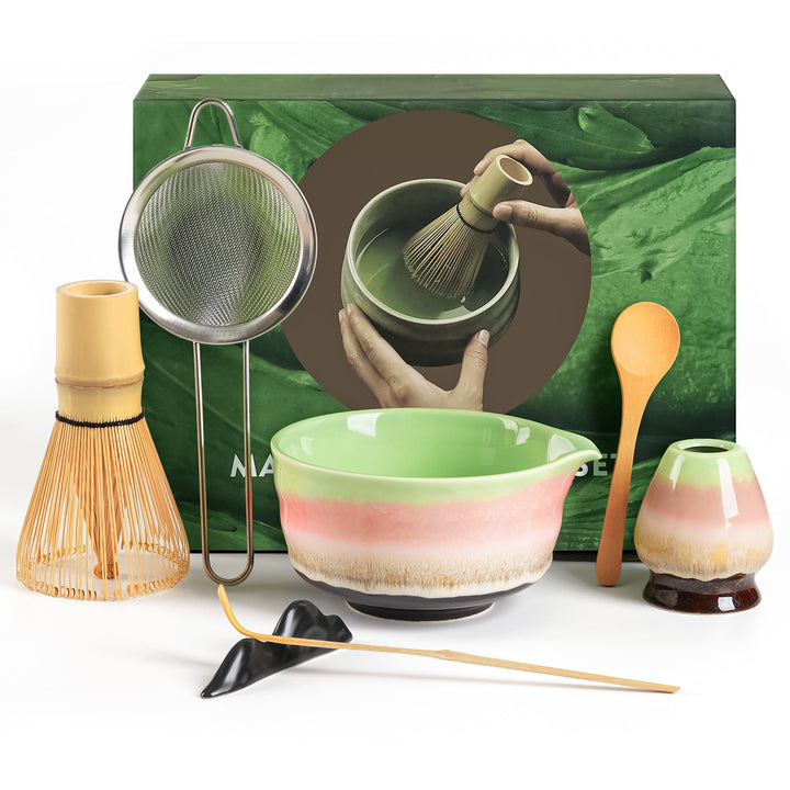 Anfänger Matcha Set, 7-teilig inkl. Matcha-Schale, Teebesen, Teelöffel, Sieb, Besenhalter, Besenstän