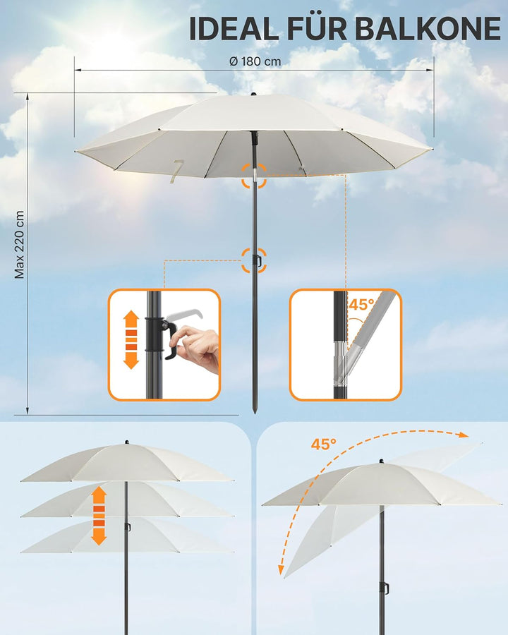 4smile Sonnenschirm Balkon Ø 180cm, Beige - Sonnenschirm Strand mit Hülle - Balkonschirm mit Knickfu