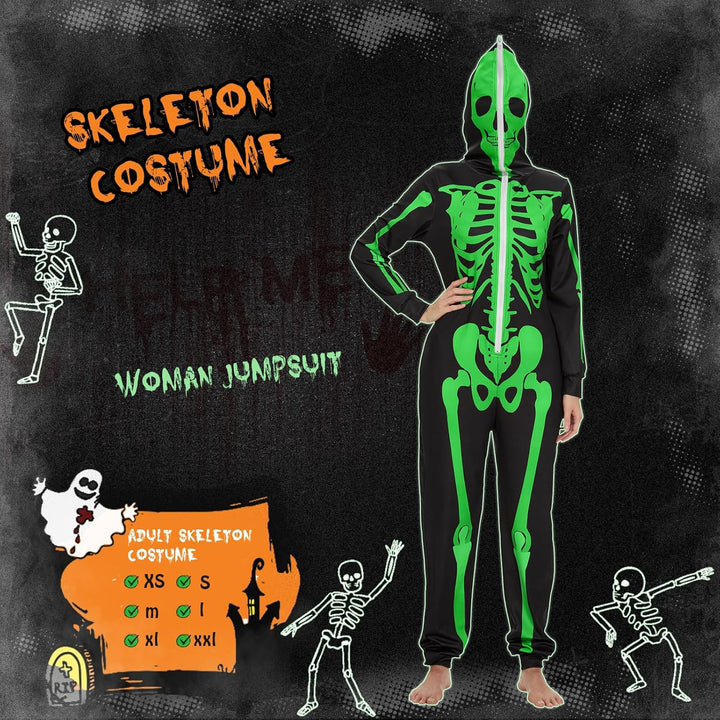 Ulikey Halloween Skelett Kostüm Damen, Halloween Skelett Onesie Overall Pyjama Erwachsene Damen Hall