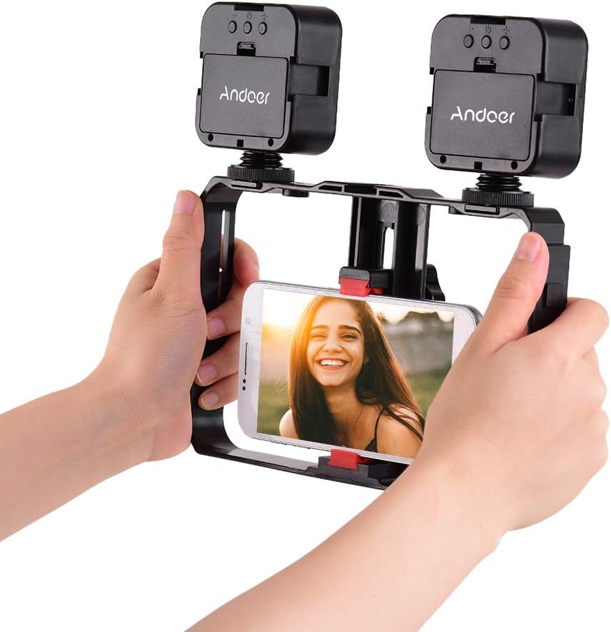 Andoer Smartphone-Video-Rig mit 2 LED-Video-Lichtern, Handy-Video-Stabilisator, Stativhalterung für