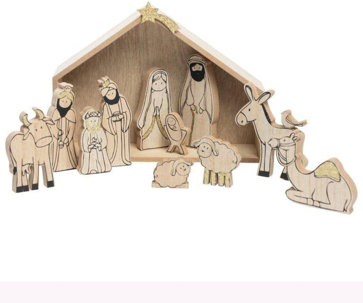 13-tlg. Set Weihnachtskrippe aus Holz mit Figuren - 25 x 19 x 6 cm (L/B/T) Krippe aus Holz - Tischkr