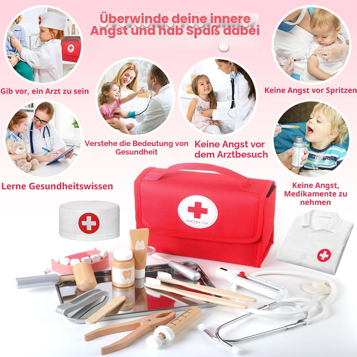 Mardo Arztkoffer Kinder Holz Doktorkoffer mit Echtem Stethoskop, Arztkittel und Doktortasche in Rot,