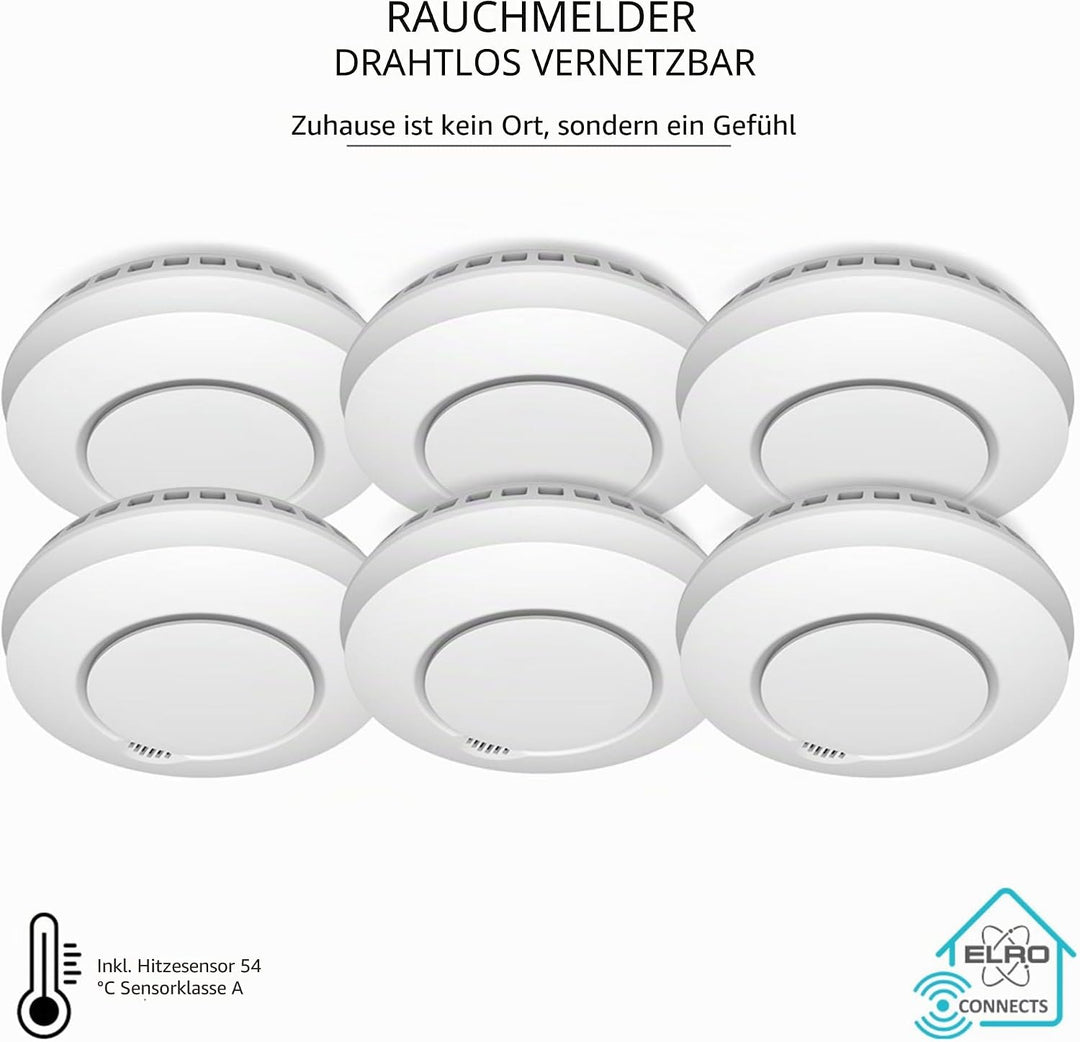 ELRO FZ5002R Connects Funk Rauchmelder-DIN EN14604 geprüft-mit Hitzesensor-Vernetzbar-2-er Set, 6 St