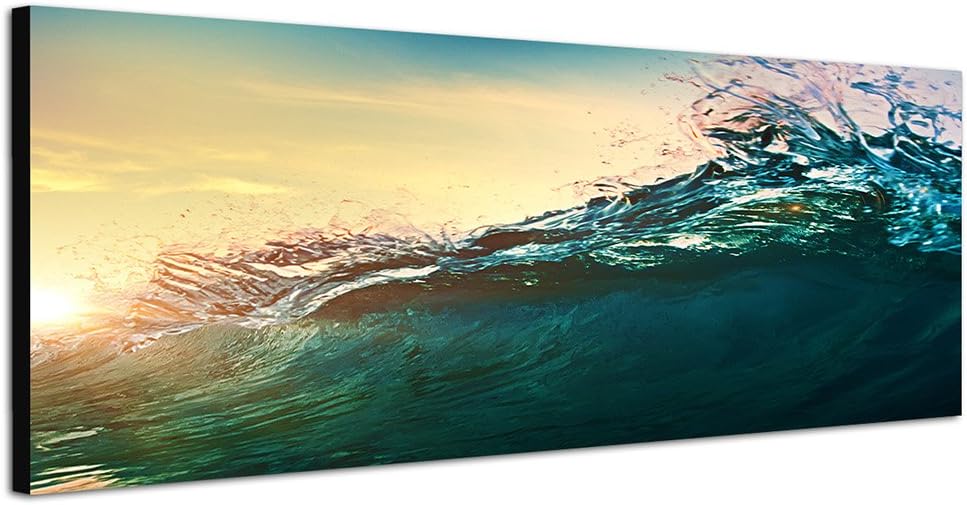 Paul Sinus Art Panoramabild auf Leinwand und Keilrahmen 150x50cm Ozean Welle Sonnenuntergang