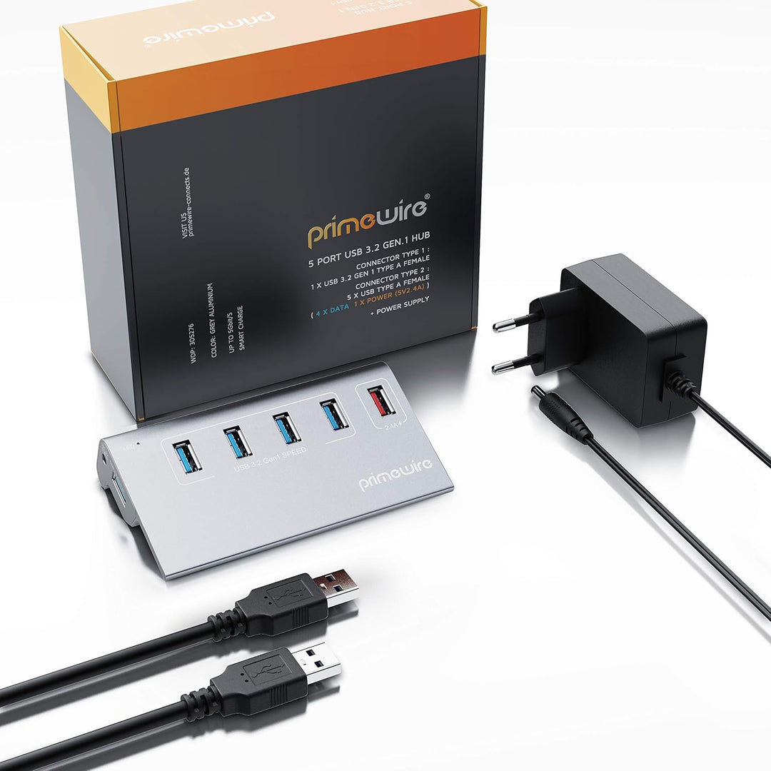 CSL - 5 Port USB 3.2 Hub Aktiv mit Netzteil und USB Kabel - USB 3.0 USB 3.2 Gen.1 Datenhub für MacBo