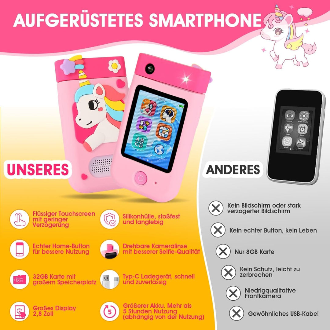 ARNSSIEN Kinder Handy Smartphone Spielzeug mit 180° Drehobjektiv &32GB Karte, Kinderkamera mit Touch