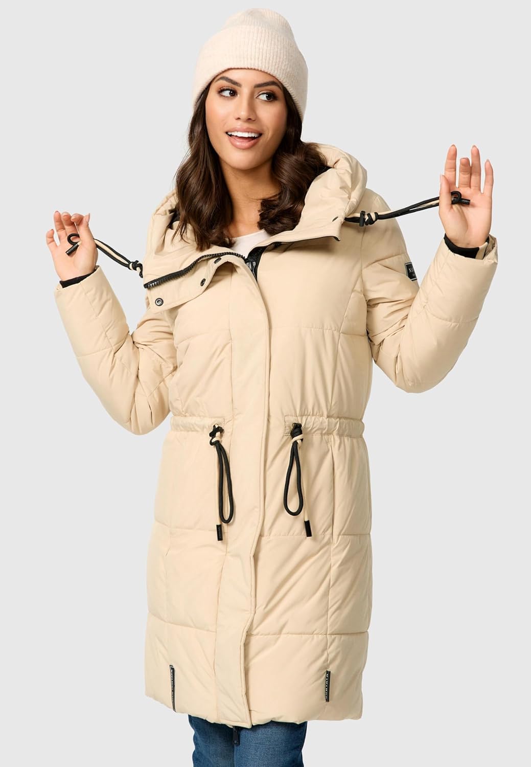 Navahoo Damen Wintermantel kurzer Steppmantel mit Kapuze Zuckertatze XIV XS-XXL S Beige, S Beige