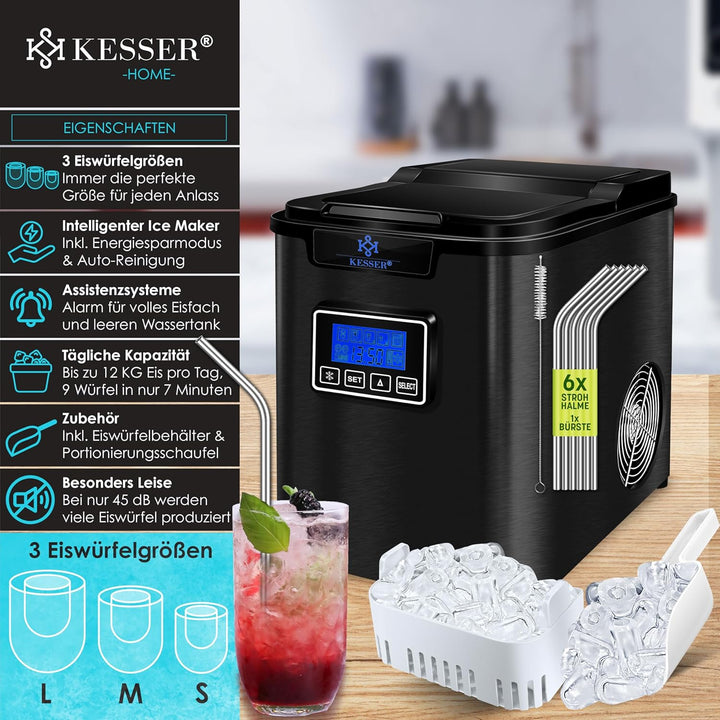 KESSER® Eiswürfelbereiter | Eiswürfelmaschine Edelstahl | 150W Ice Maker | 12 kg 24 h | 3 Würfelgrös