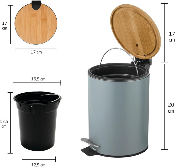 Amig – Kosmetikeimer mit Pedal 3L Naturline – Grau und Bambus – Hygienische Öffnung – Ø16,8 x 23 cm