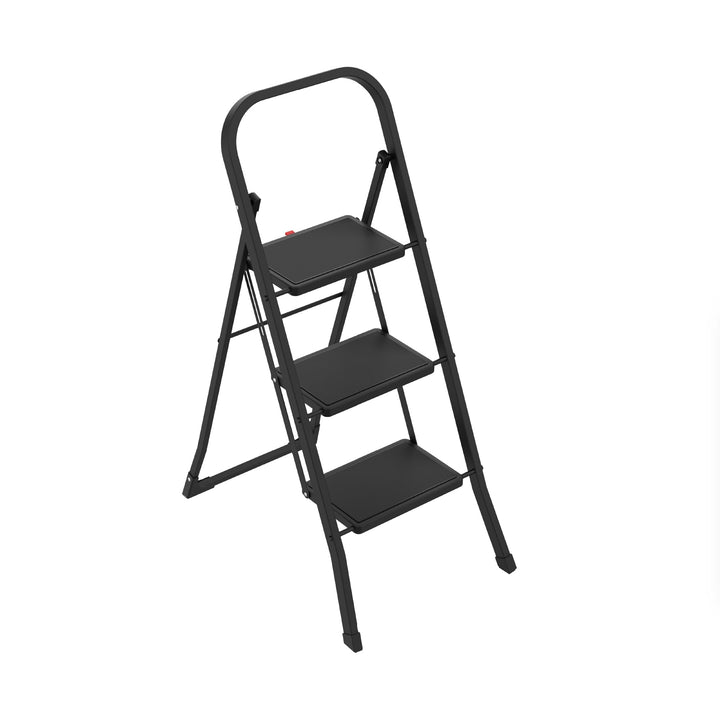 Amig Klappleiter 3 Stufen Schwarz Stahl 106x72x46 cm | Lasche für einfaches Zusammenklappen. Rutschf