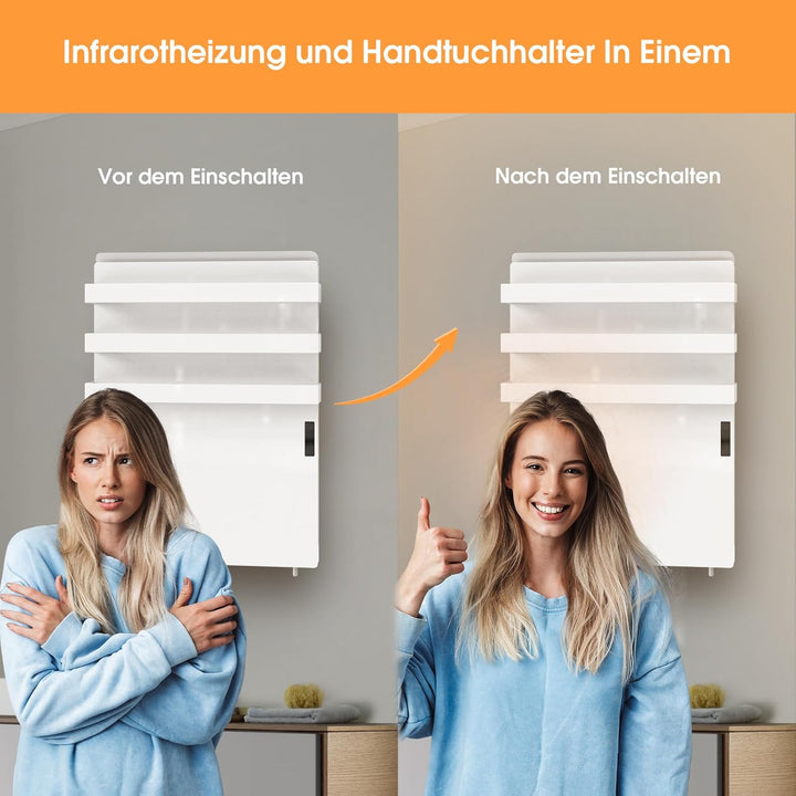 Infrarotheizung mit Thermostat 730 Watt, Bad-Heizkörper mit Handtuchhalter, Infrarot Wandheizung mit