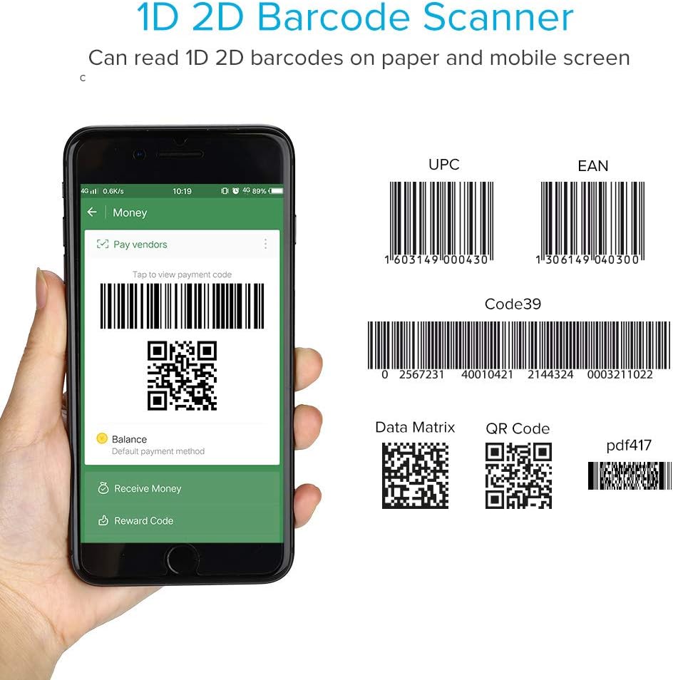 Eyoyo Ring 1D 2D QR-Barcode-Scanner, tragbarer drahtloser Finger-Mini-Barcode-Leser Kompatibel mit W