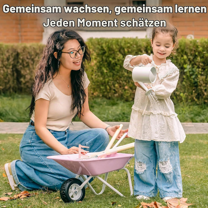 ROBUD Kinderschubkarre Metall mit Gartengeräte Set, 6-teilig Kinderschubkarre mit Langer Schaufel, R