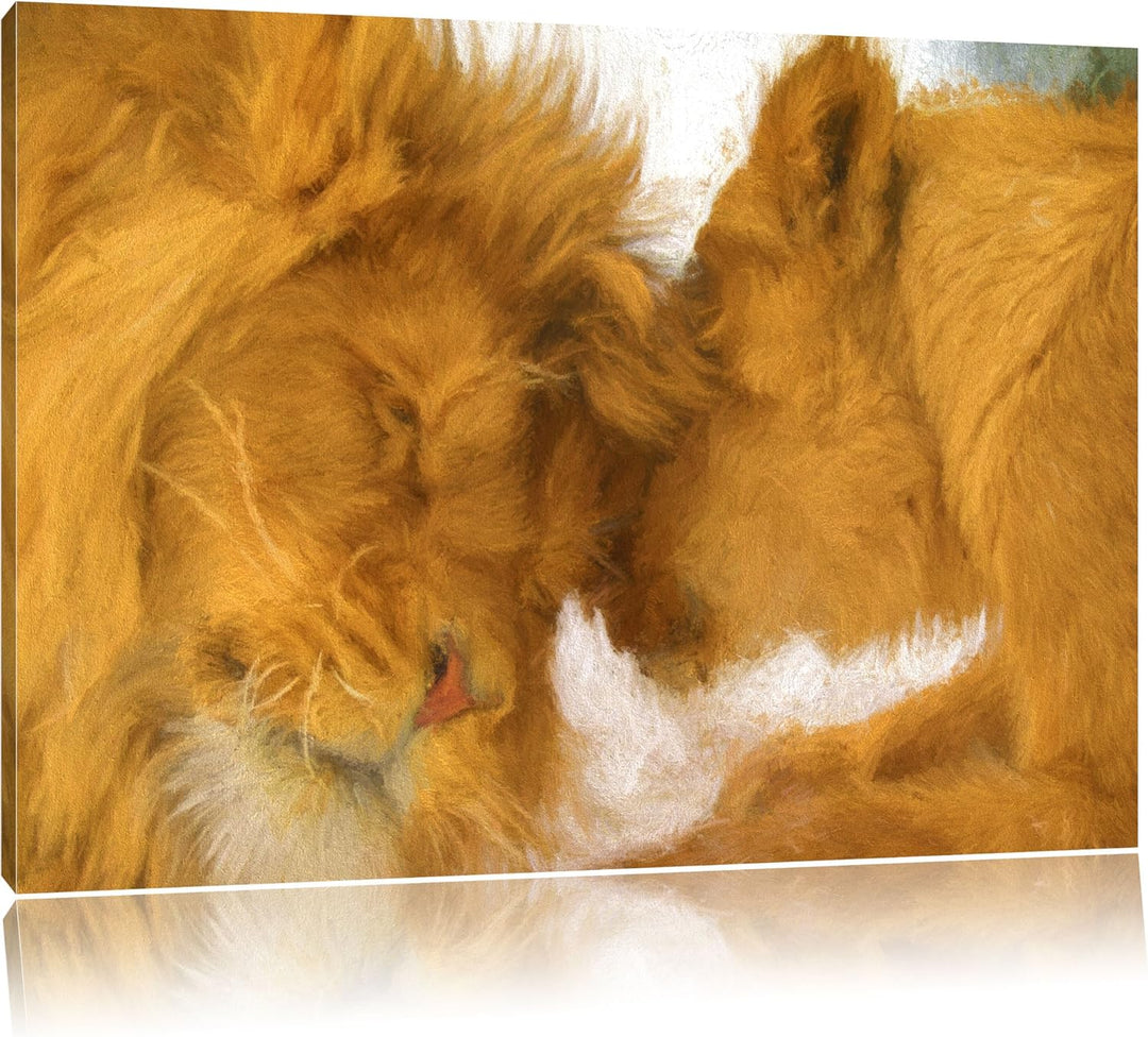 Pixxprint Kuschelnde Löwen als Leinwandbild/Grösse: 100x70 / Wandbild/Kunstdruck/fertig bespannt, 10