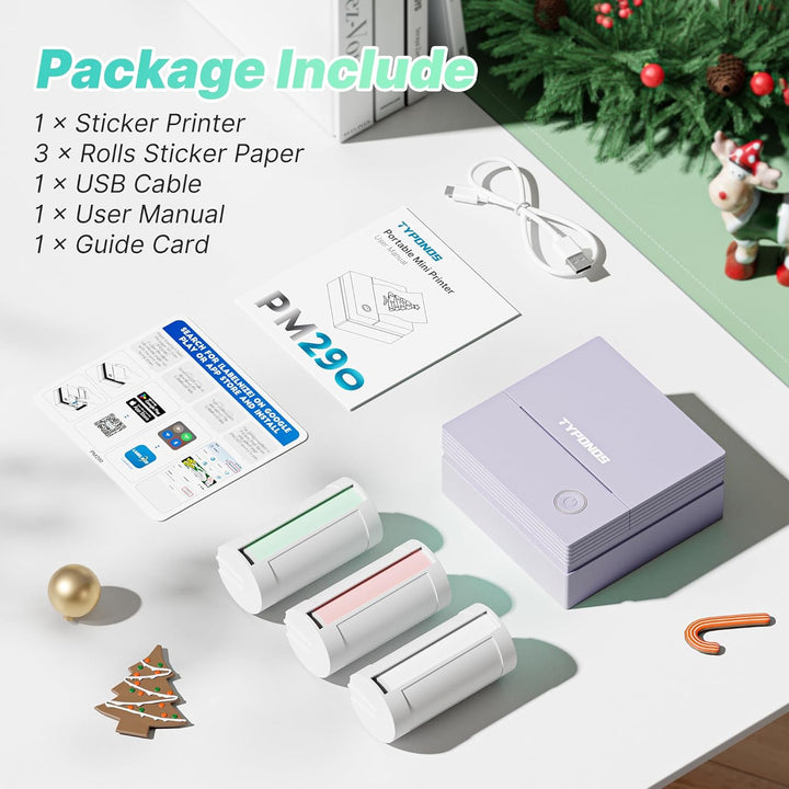 Sticker Drucker, PM290 Mini Drucker für Smartphone, Bluetooth Thermodrucker Mini mit 3 Rollen Papier