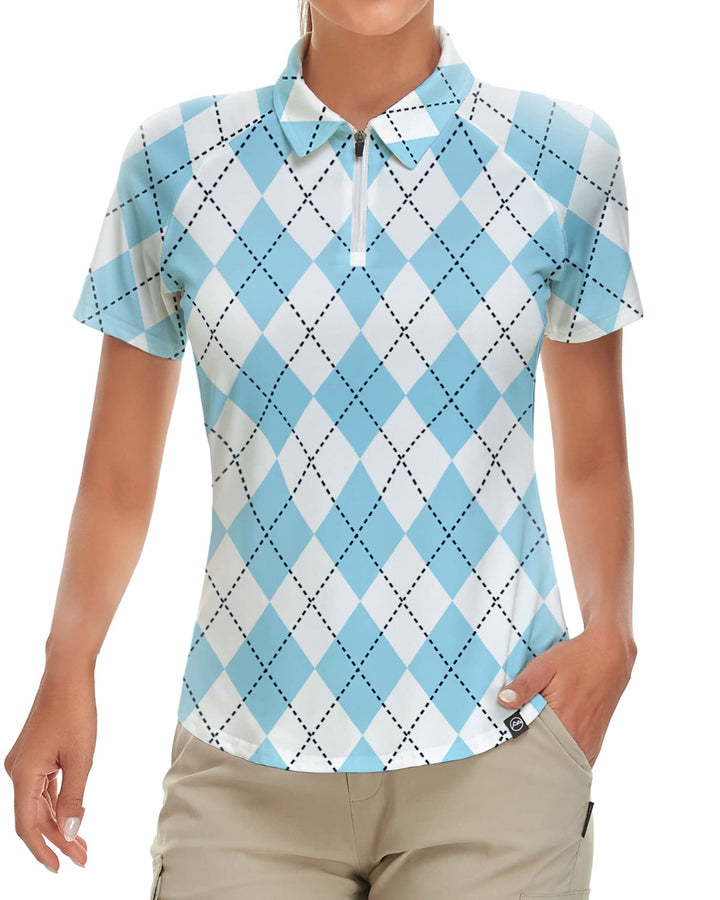 Soneven Atmungsaktiv Poloshirt Damen Leichtes Sportshirt Tailliert Karierte Bluse UPF 50+ Kurzarm 1/