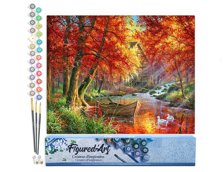 Figured'Art Malen Nach Zahlen Erwachsene Boot am Herbstlichen Fluss - Paint by Numbers Basteln DIY B