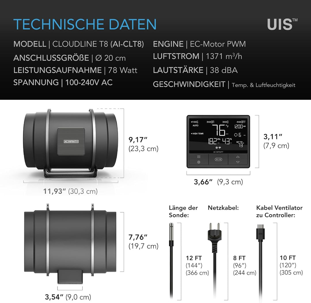 AC Infinity CLOUDLINE T8, leiser 8-Zoll-Inline-Kanalventilator mit Temperatur-Feuchtigkeitsregler -