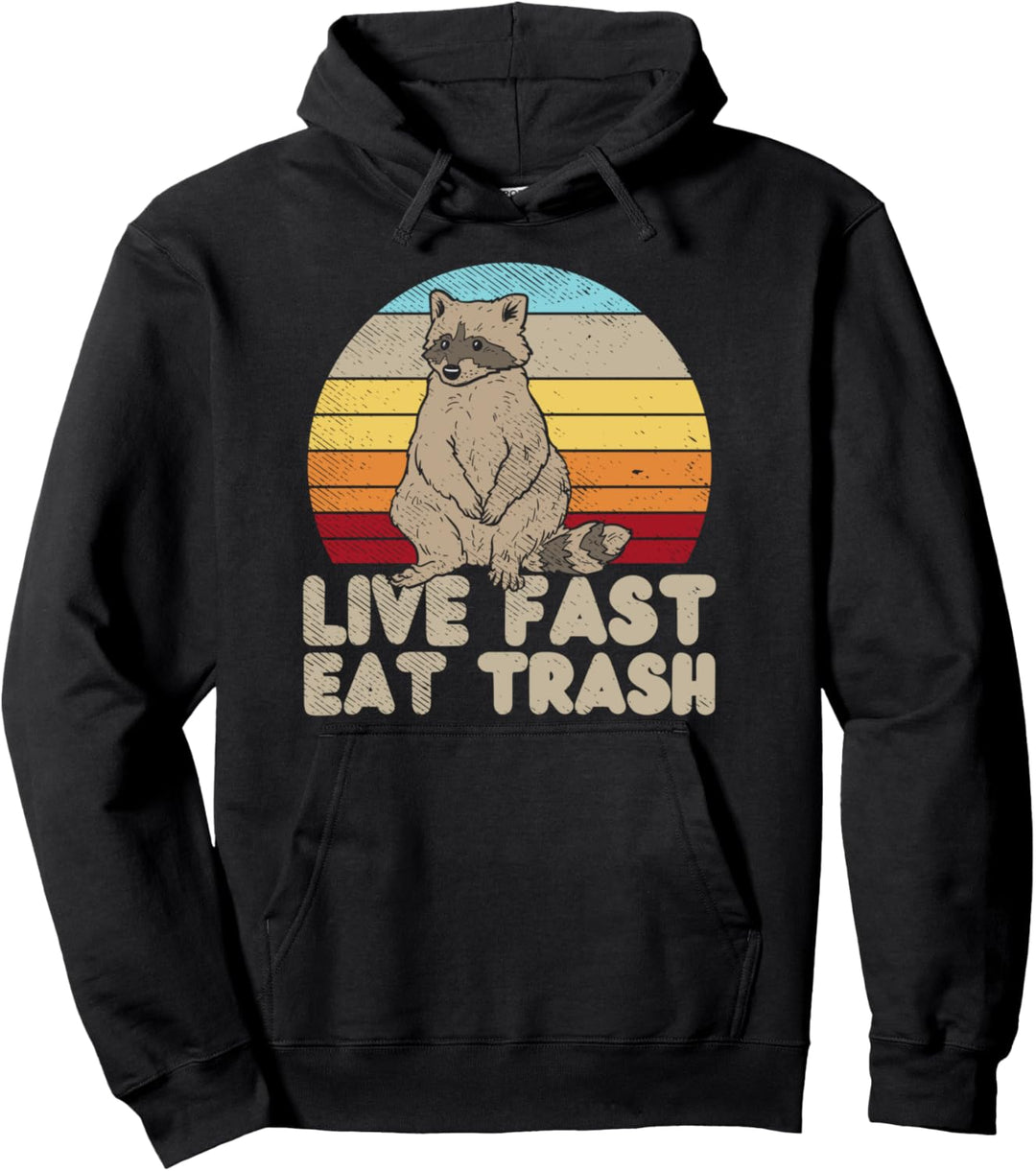 Live Fast Eat Trash Raccoon Sunset Retro Street Cat Gift Pullover Hoodie