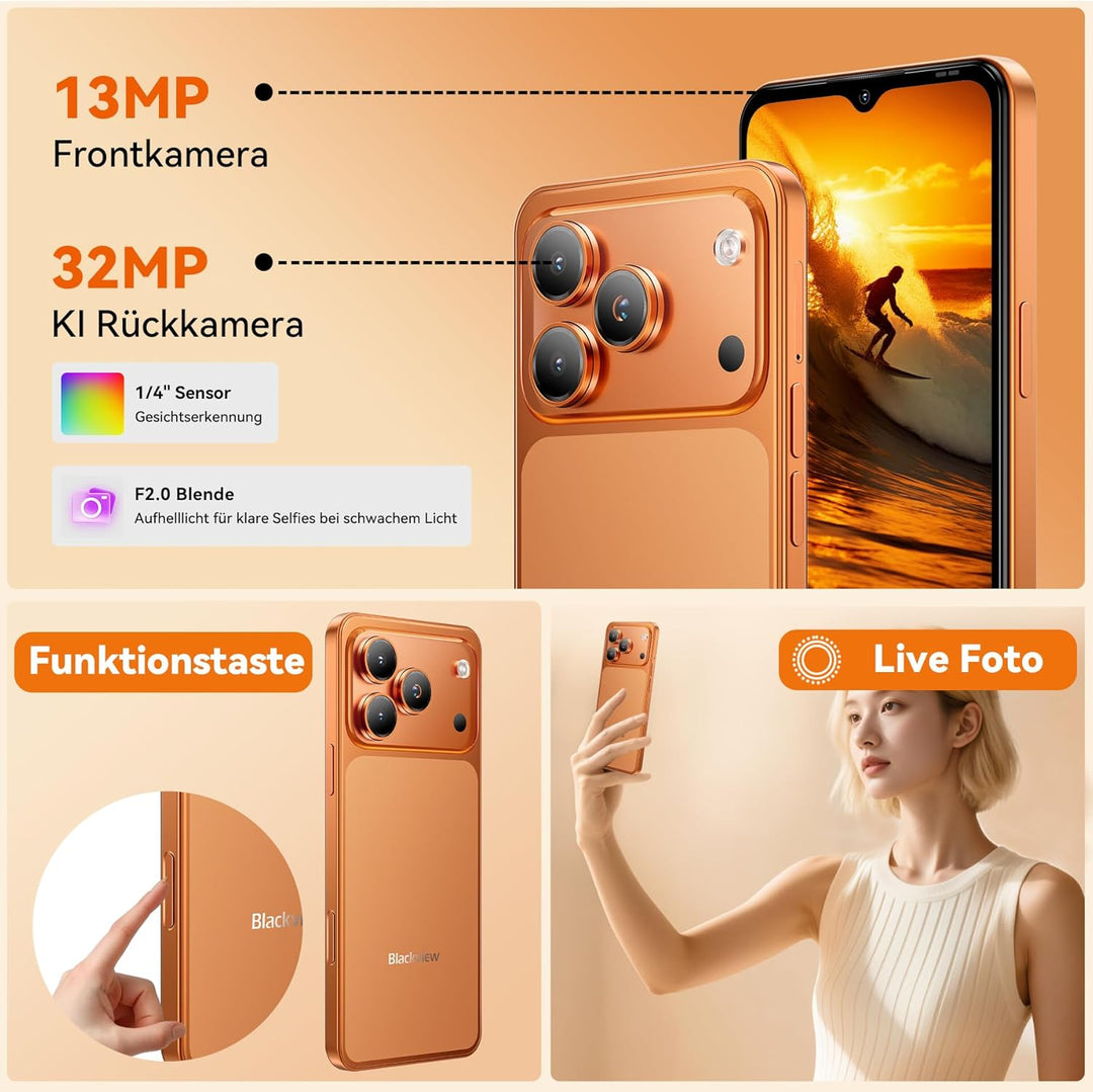 Blackview Wave 7C Handy Ohne Vertrag, Android 16 Smartphone, 16GB+128GB/2TB, 32MP+13MP KI Kamera, 6.