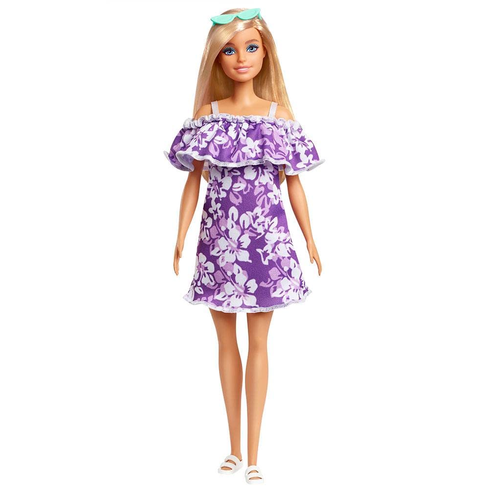 Barbie GRB36 - Loves The Ocean Puppe im lila Blumenkleid (29,21 cm gross, blond), aus recyceltem Kun