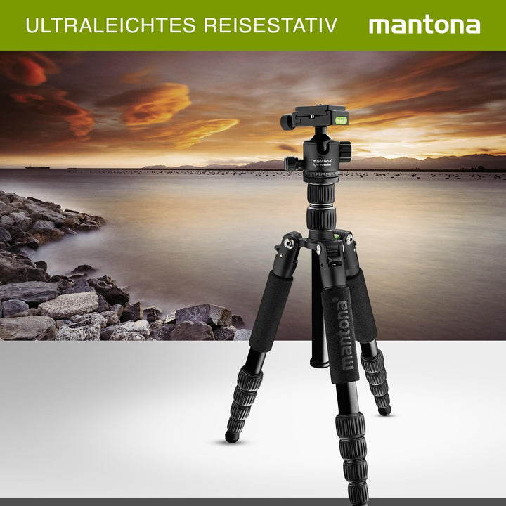 mantona Reisestativ Light Traveller, stabiles Aluminium I leichtes Kamera-Stativ , Kugelkopf + Wechs