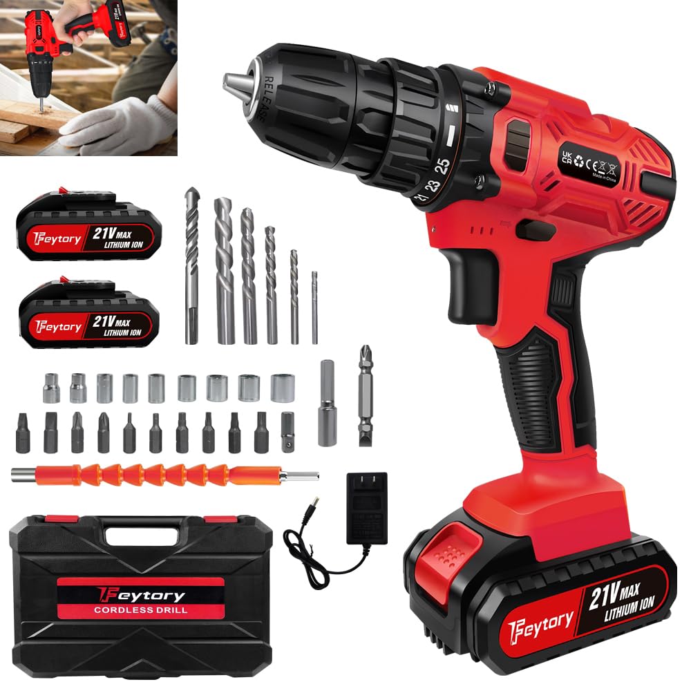 21V Akku-Bohrmaschine Akkuschrauber Set mit 2 Akkus, Akku Bohrschrauber Set 25+1 Drehmomentstufen, 4