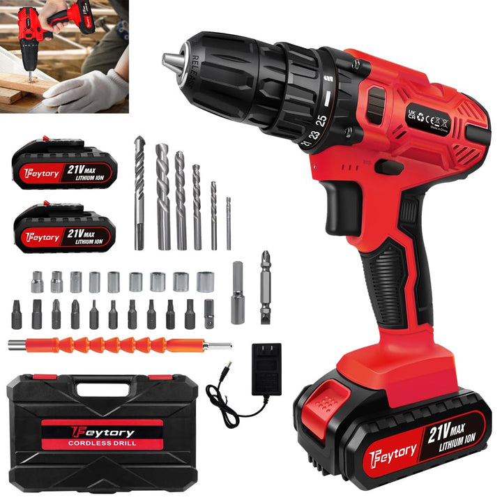 21V Akku-Bohrmaschine Akkuschrauber Set mit 2 Akkus, Akku Bohrschrauber Set 25+1 Drehmomentstufen, 4