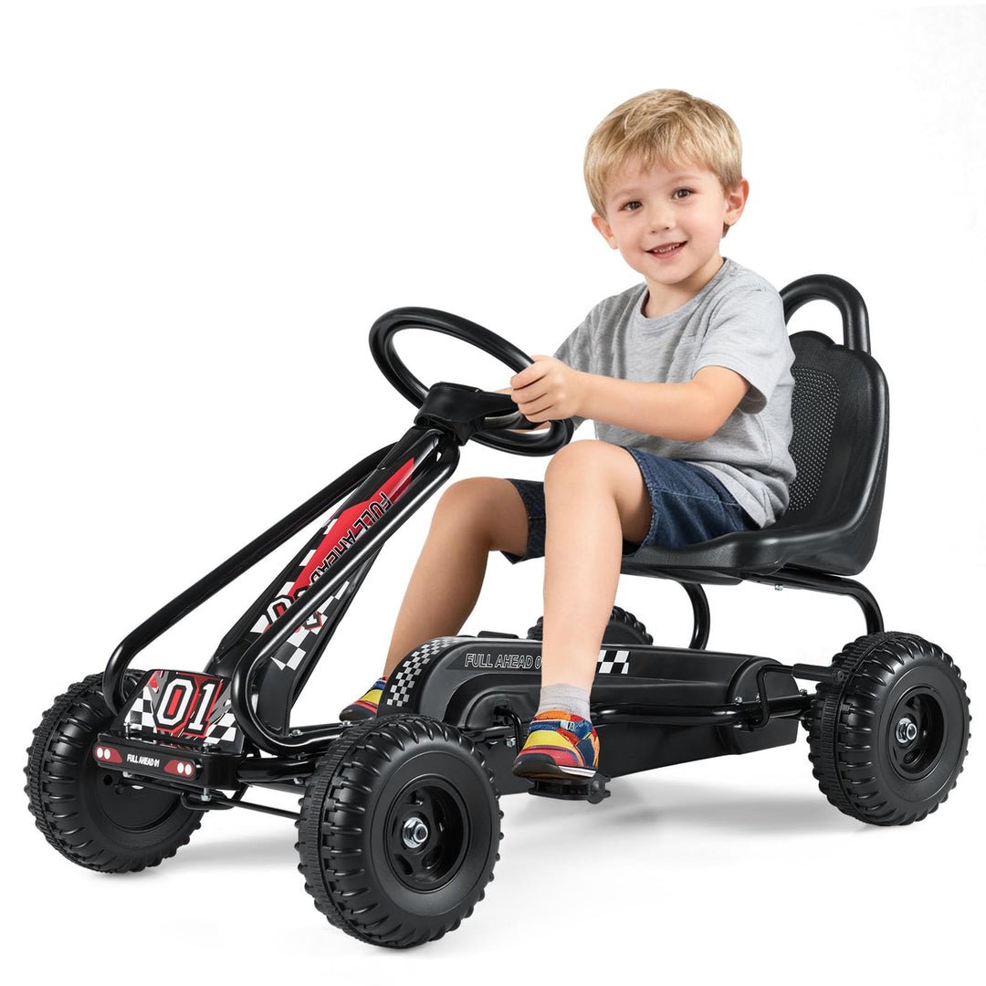 GOPLUS Gokart mit verstellbarem Sitz, Tretauto mit Handbremse und geschlossener Kettenabdeckung, Vor