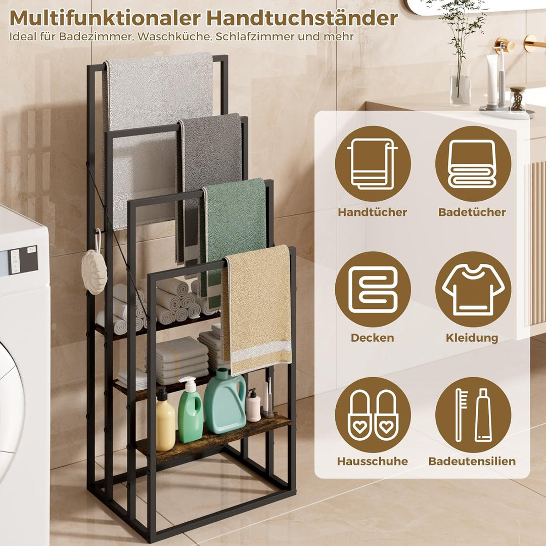 Handtuchständer, Handtuchhalter Stehend mit 4 Handtuchstangen, 3 Ablagen, 2 Haken, Freistehender Bad