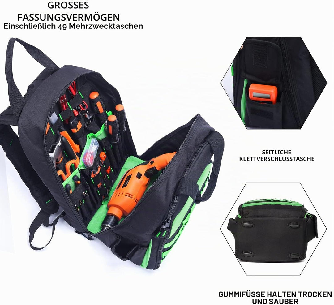 AUMTISC Werkzeug-Rucksack, strapazierfähig, für Baustellen, Werkzeugtasche mit Mehrzwecktasche, für