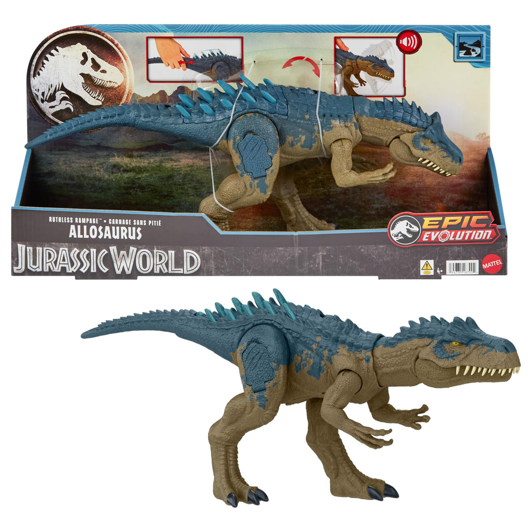 Mattel Jurassic World Ruthless Rampage Allosaurus Dinosaurier-Spielzeug, Actionfigur mit kontinuierl