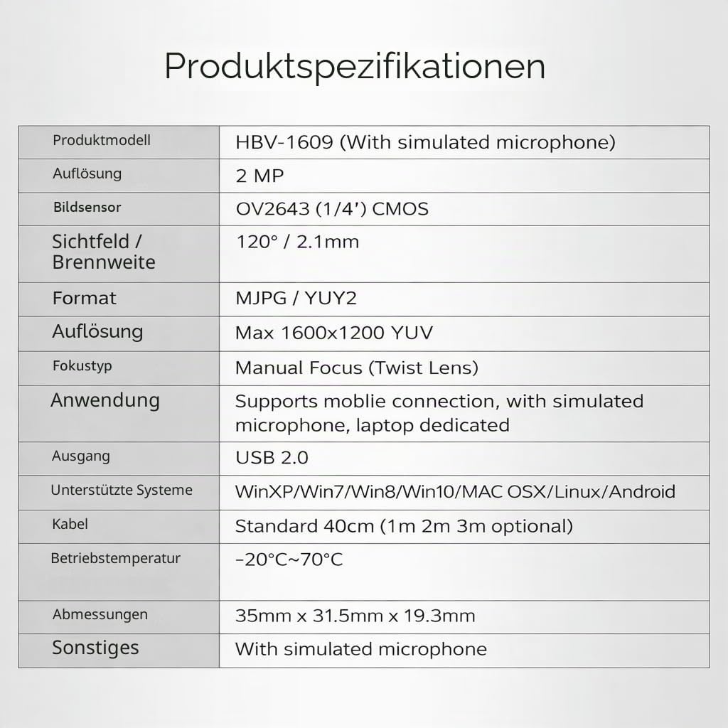 Keenso USB-Kameramodul, 2 Millionen Pixel 1600 * 1200 120 ° HD-Weitwinkelobjektiv USB-Kameramodul mi