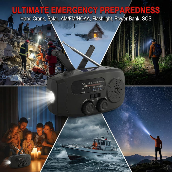 Notfall Kurbelradio Solar Radio mit Powerbank & Taschenlampe, 2000mAh Akku 3-Wege-Laden SOS Alarm, K