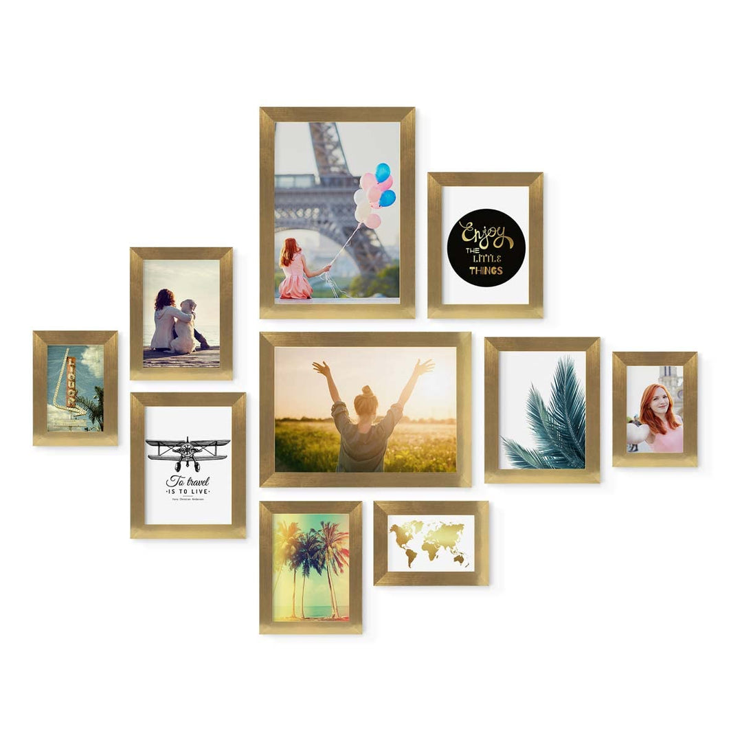 PHOTOLINI Bilderrahmen Set Gold, Fotorahmen Holz MDF, 10er Bilderrahmenset Wand Collage, photo frame