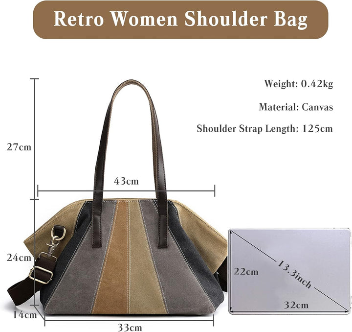 PORRASSO Retro Umhängetasche Damen Schultertasche Canvas Striped Tote Handtasche Mädchen Crossbody B