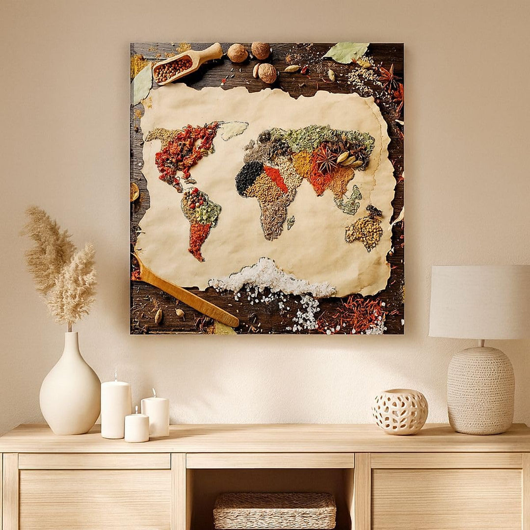 Bilder auf Leinwand Welt Karte Gewürze Farben Leinwandbild 60x60cm Wandbilder Dekoration Wohnzimmer