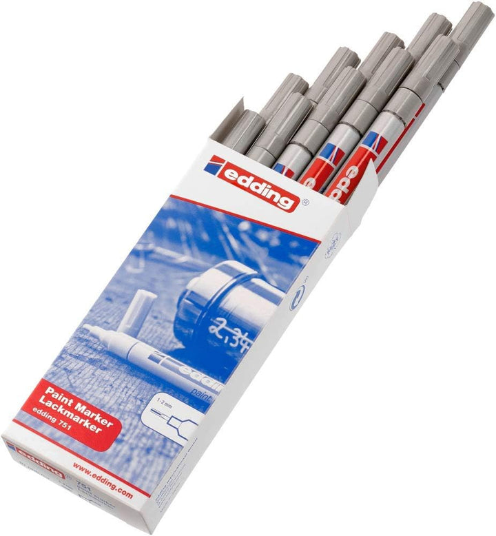 edding 751 Lackmarker - silber - 10 Lackmarker - Rundspitze 1-2 mm - Lackstift für Glas, Stein, Holz