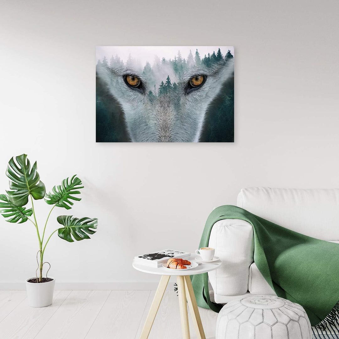 Feeby Vlies Leinwandbild Nebel Wald 80x60 cm Wand Bild Kunstdruck Deko Wohnzimmer Wohnungs Deko Wolf