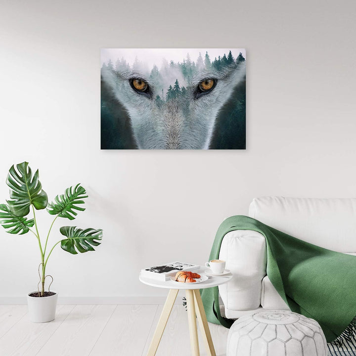 Feeby Vlies Leinwandbild Nebel Wald 80x60 cm Wand Bild Kunstdruck Deko Wohnzimmer Wohnungs Deko Wolf