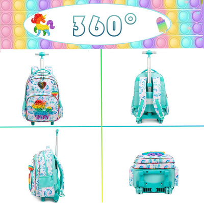 HTgroce Rollrucksack Schulranzen mit Rollen für Mädchen Rucksack mit Lunch Bag und Mäppchen Kinder S