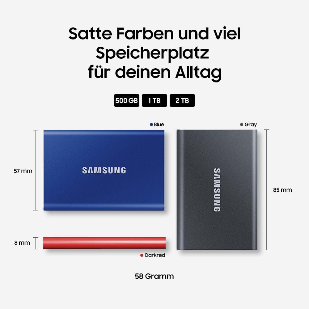 Samsung Portable SSD T7, 1 TB, USB 3.2 Gen.2, 1.050 MB/s Lesen, 1.000 MB/s Schreiben, Externe SSD Fe