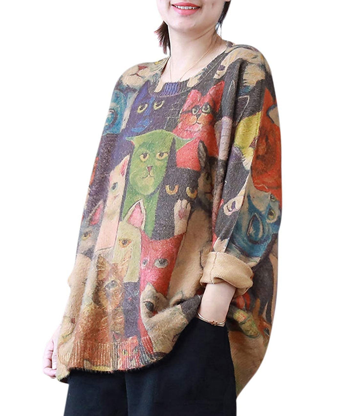 Janein Damen Pullover Oversize Lang Strickpullover Herbst Winter Rundhals Sweater mit Blumenmuster W