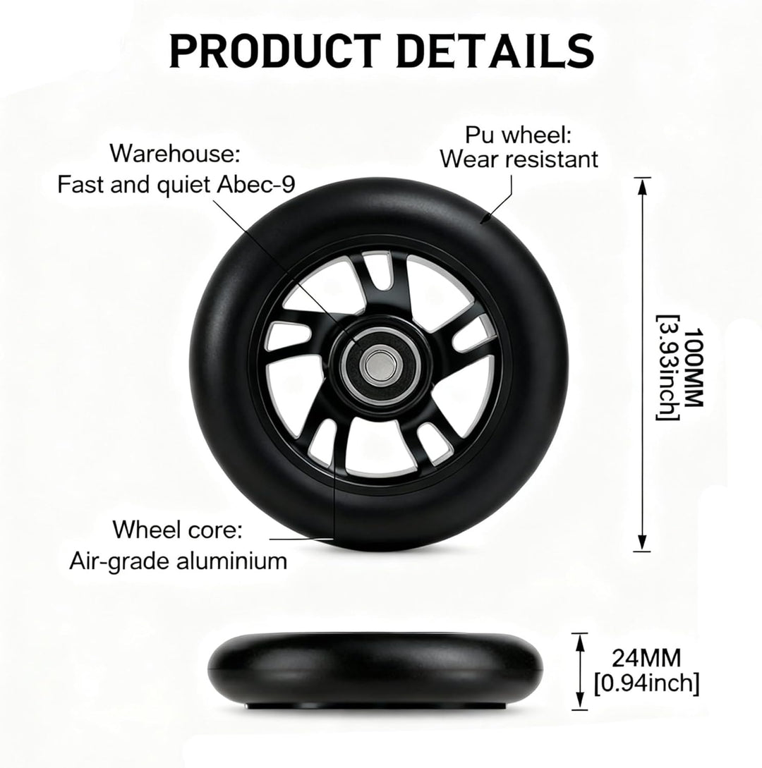 2 Stück Pro Stunt Scooter Rollen 100mm, Stunt Scooter Räder with ABEC-9 Bearings, Thickened PVC Repl