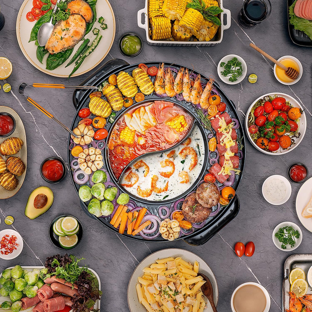 Food Party 2 in 1 elektrogrill und hotpot rauchfrei Electric Smokeless Grill and Hot, Hot Pot One