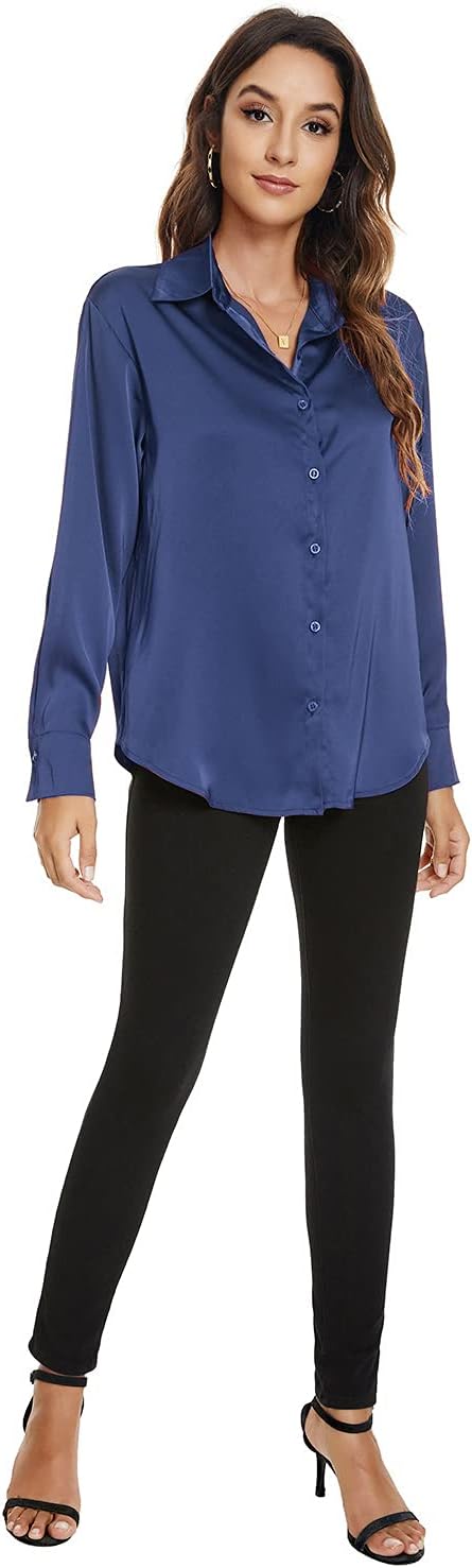 Atnlewhi Damen Bluse Langarm Knöpfen Satin Seide Hemden Basic Kent Kragen Arbeit Büro Formelle Casua