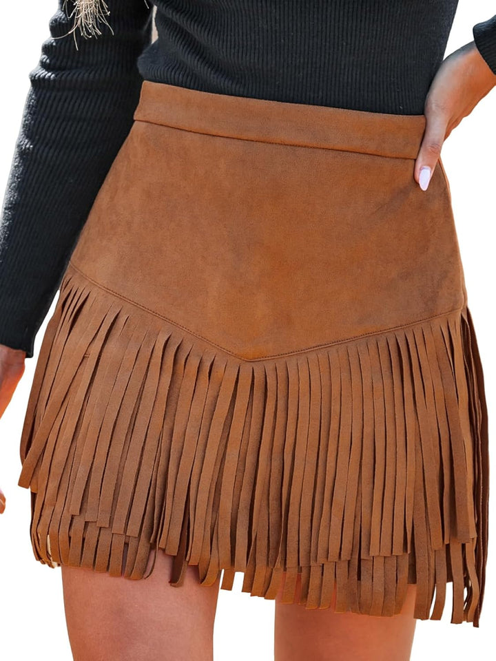 CUPSHE Damen Rock High Waist Fransen Wildleder Kurze Röcke Minirock Freizeitrock Wildlederimitat Wes