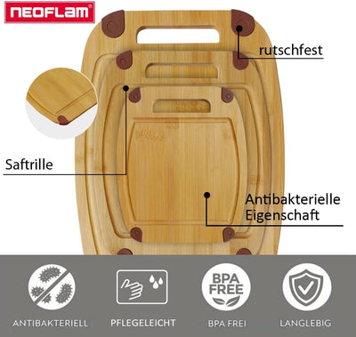 NEOFLAM® - Bambus Schneidebrett Holz rutschfest 3er Set Schneidbretter mit Griff & Saftrille - natür